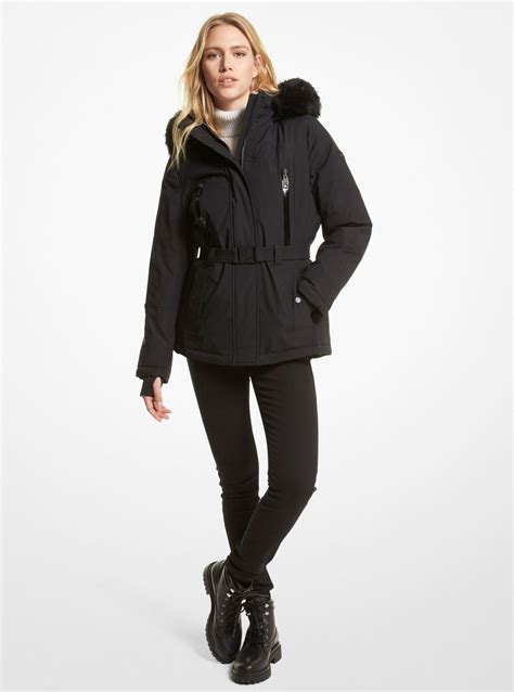 Faux Fur Trim Ciré Belted Parka 